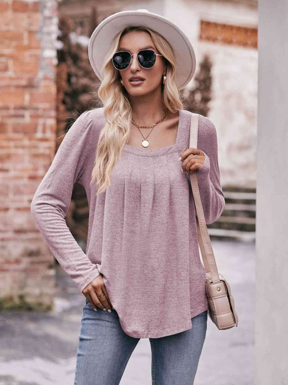 Double Take Pleated Detail Curved Hem Long Sleeve Top - Premium   - Just $36.95! Shop now at LACEDUPED