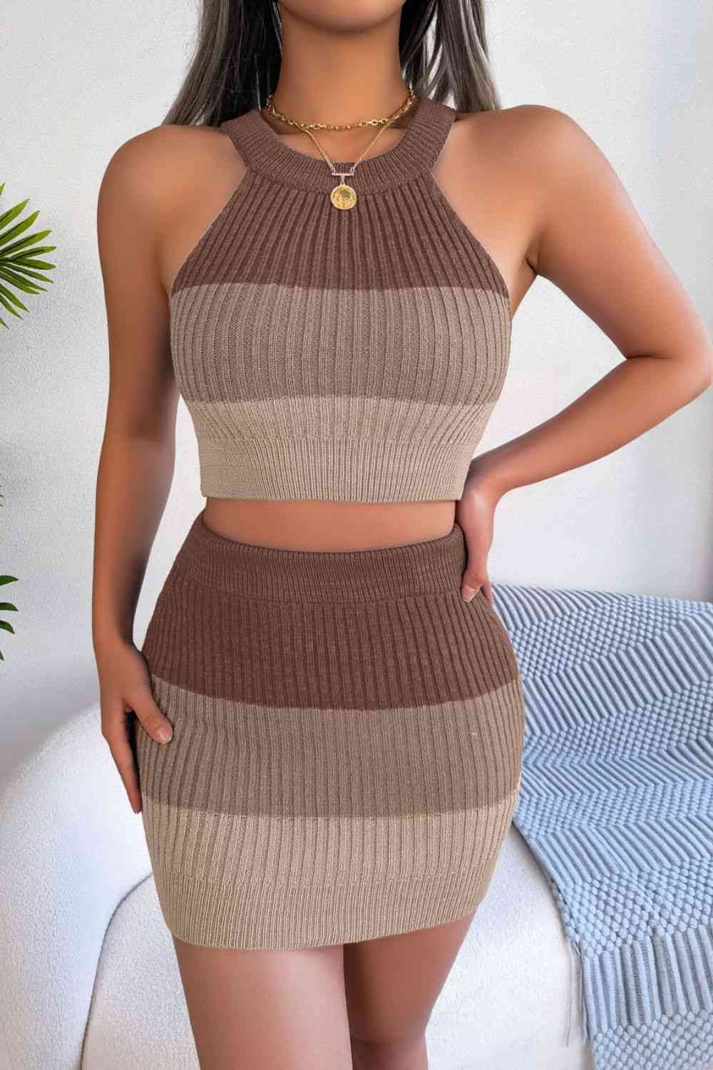 Color Block Sleeveless Crop Knit Top and Skirt Set - Premium   - Just $48.95! Shop now at LACEDUPED