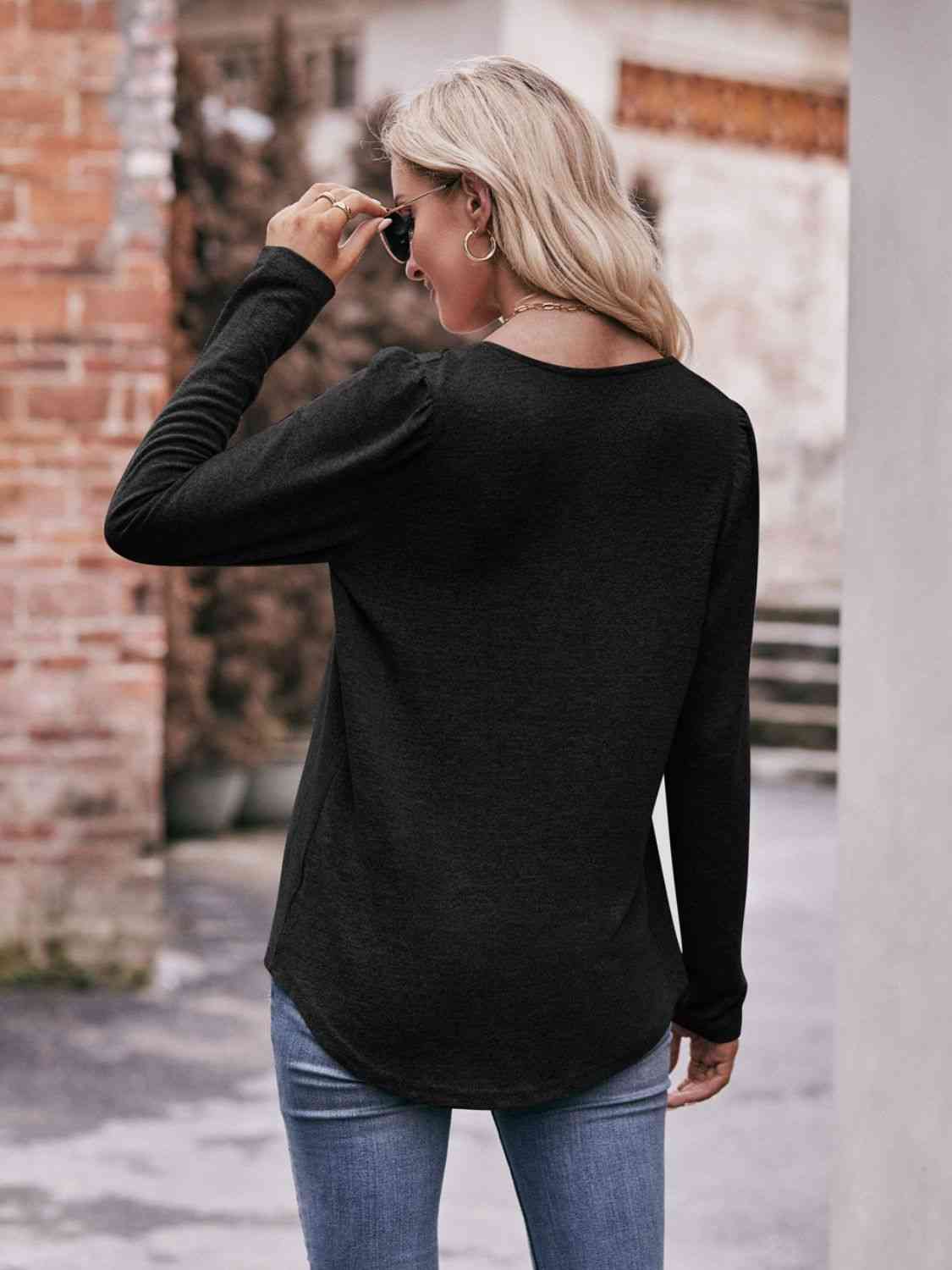 Double Take Pleated Detail Curved Hem Long Sleeve Top - Premium   - Just $36.95! Shop now at LACEDUPED