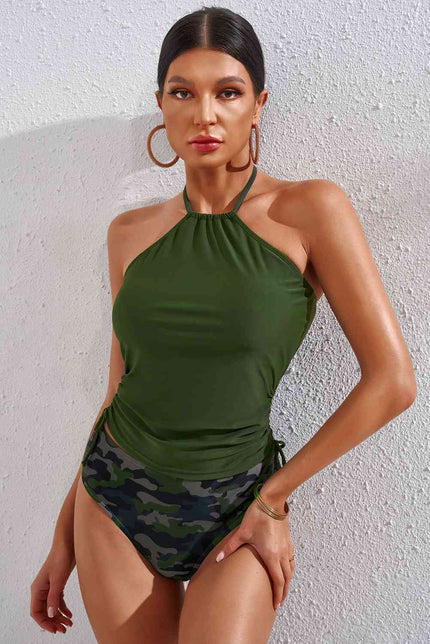 Drawstring Ruched Halter Neck Swim Top and Camouflage Bottoms Set - Premium   - Just $43.95! Shop now at LACEDUPED