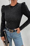 Metallic Round Neck Puff Sleeve Blouse - Premium   - Just $32.95! Shop now at LACEDUPED