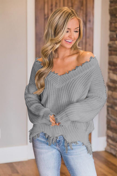 Frayed Hem Dropped Shoulder Sweater - Premium   - Just $43.95! Shop now at LACEDUPED