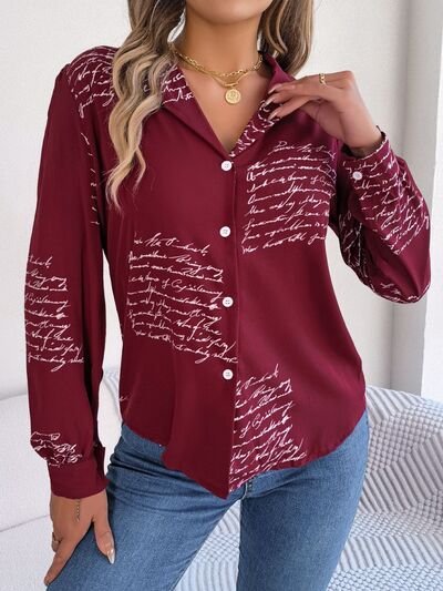 Letter Printed Button Up Long Sleeve Blouse - Premium   - Just $36.95! Shop now at LACEDUPED