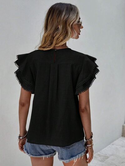 Ruffled Cap Sleeve Round Neck Blouse - Premium   - Just $36.95! Shop now at LACEDUPED