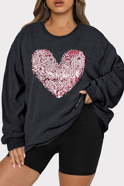 Plus Size Heart Sequin Round Neck Sweatshirt - Premium   - Just $74.95! Shop now at LACEDUPED