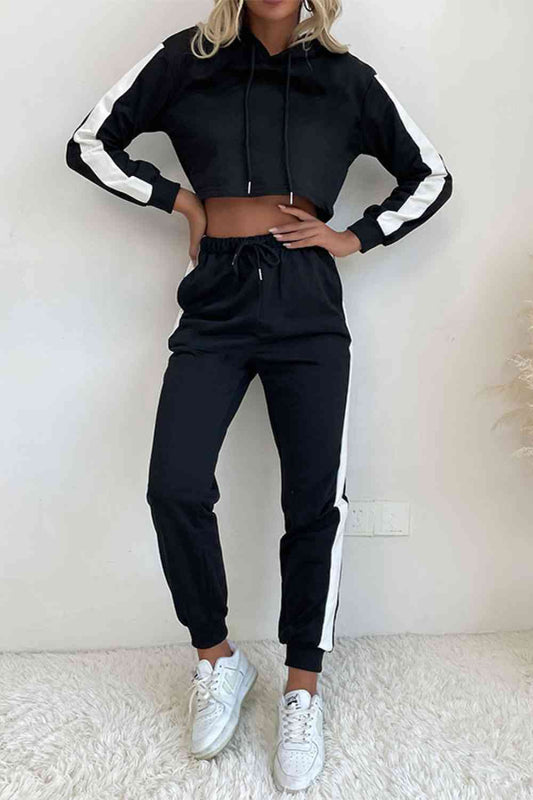 Side Stripe Cropped Hoodie and Jogger Set - Premium   - Just $72.95! Shop now at LACEDUPED