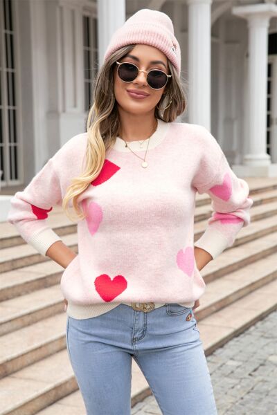 Heart Round Neck Droppped Shoulder Sweater - Premium   - Just $53.95! Shop now at LACEDUPED