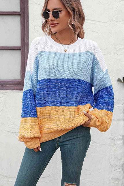 Round Neck Color Block Ribbed Pullover Sweater - Premium   - Just $59.95! Shop now at LACEDUPED