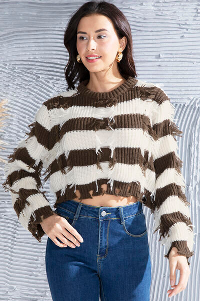 Striped Fringe Round Neck Sweater - Premium   - Just $48.95! Shop now at LACEDUPED