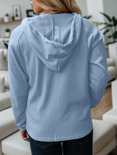 Waffle-Knit Drawstring Quarter Button Hoodie - Premium   - Just $34.95! Shop now at LACEDUPED