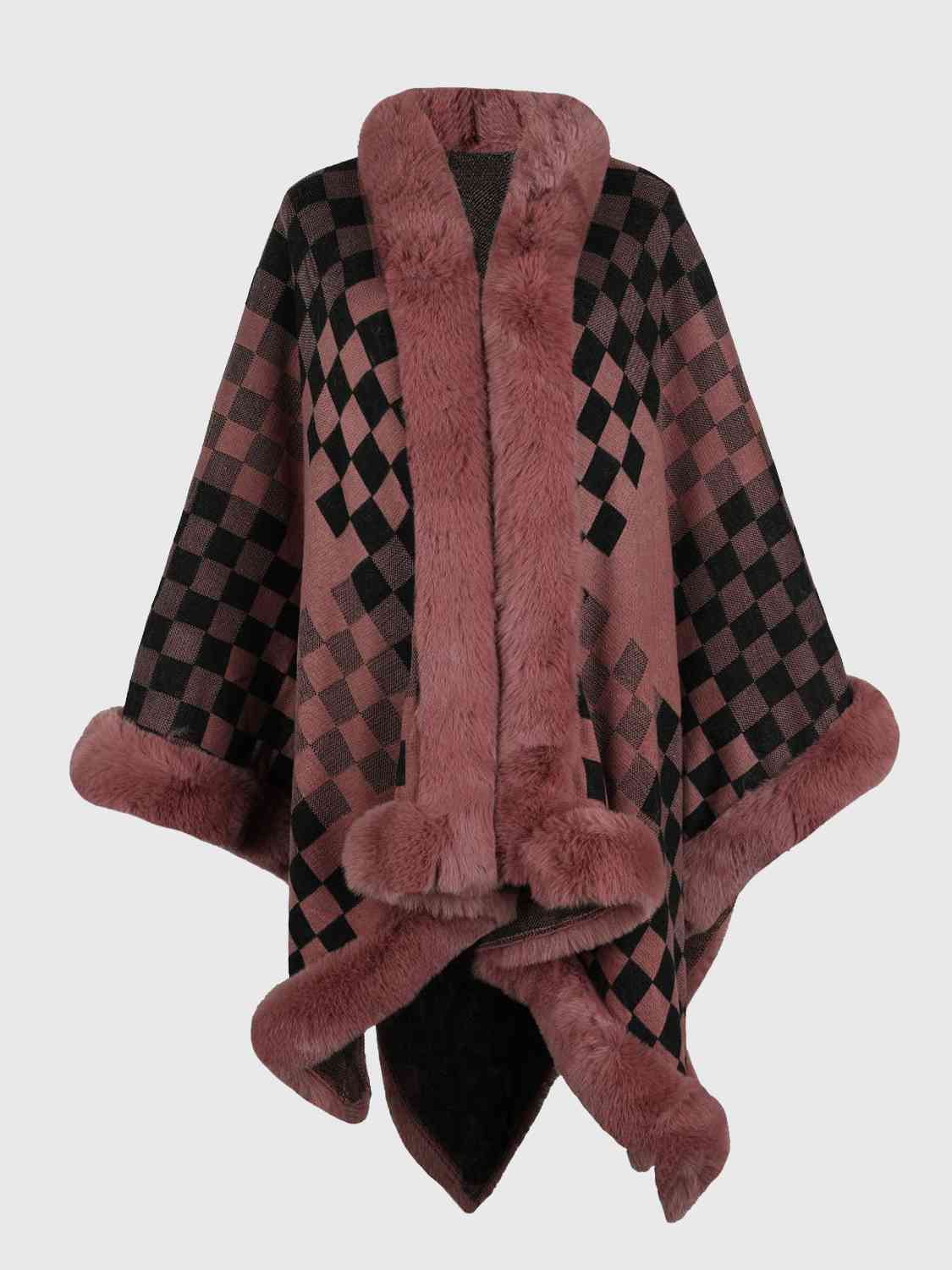 Checkered Faux Fur Trim Poncho - Premium   - Just $69.95! Shop now at LACEDUPED