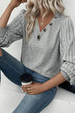 Decorative Button V-Neck Lantern Sleeve Blouse - Premium   - Just $32.95! Shop now at LACEDUPED