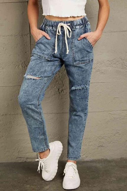 Baeful Drawstring Denim Joggers - Premium   - Just $67.95! Shop now at LACEDUPED