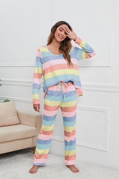 Striped Round Neck Long Sleeve Top and Drawstring Pants Lounge Set - Premium   - Just $53.95! Shop now at LACEDUPED