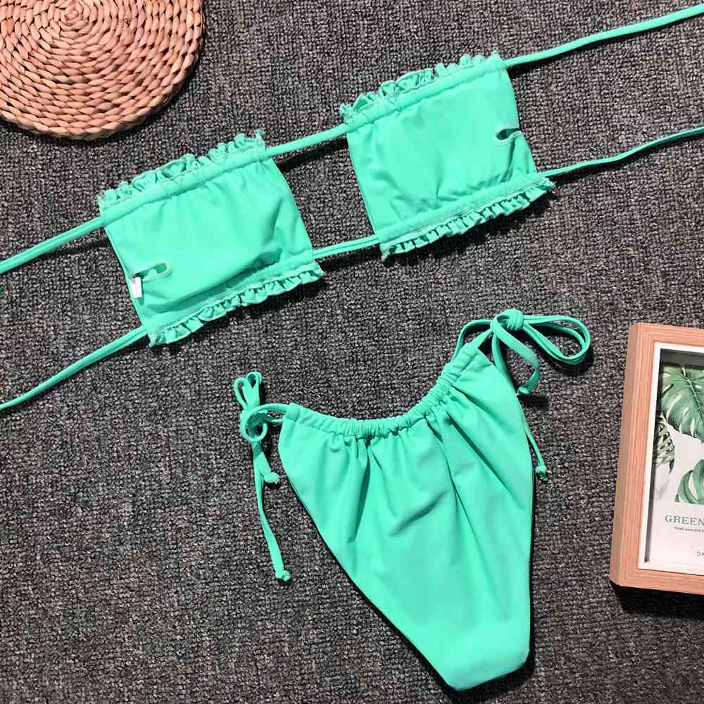 Frill Trim Ruched Bikini Set - Premium   - Just $33.95! Shop now at LACEDUPED