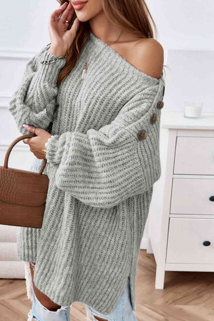 Buttoned Boat Neck Slit Sweater - Premium   - Just $82.95! Shop now at LACEDUPED