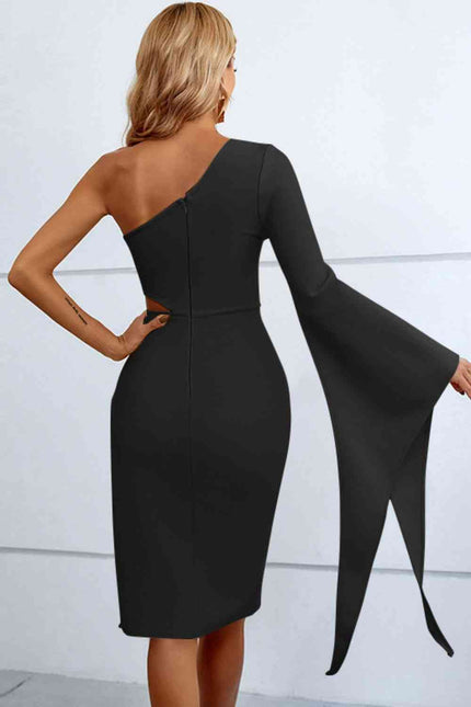 Cutout Split Flare Sleeve One-Shoulder Dress - Premium   - Just $142.95! Shop now at LACEDUPED