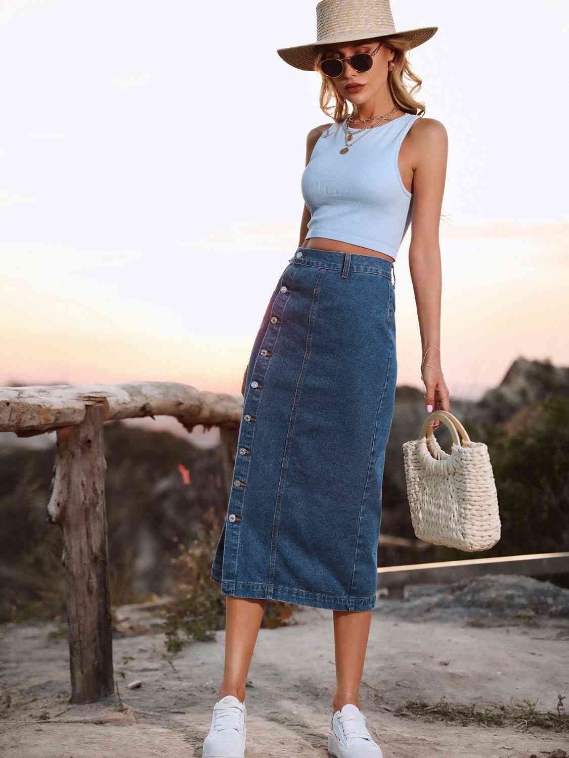 Button Down Denim Skirt - Premium   - Just $49.95! Shop now at LACEDUPED