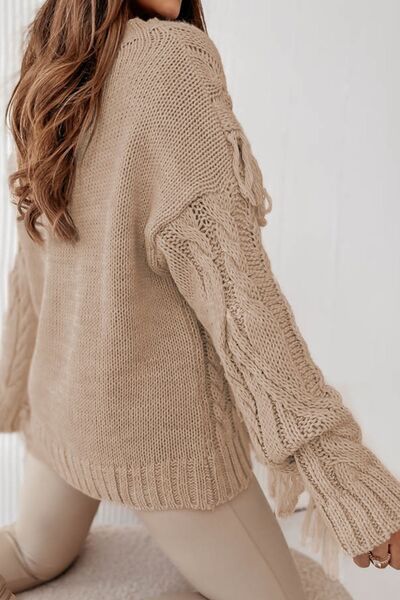 Cable-Knit Fringe Round Neck Sweater - Premium   - Just $66.95! Shop now at LACEDUPED