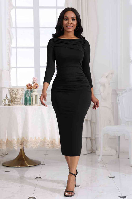 Ruched Boat Neck Midi Dress - Premium   - Just $39.95! Shop now at LACEDUPED