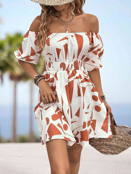 Printed Off-Shoulder Smocked Waist Dress - Premium   - Just $38.95! Shop now at LACEDUPED