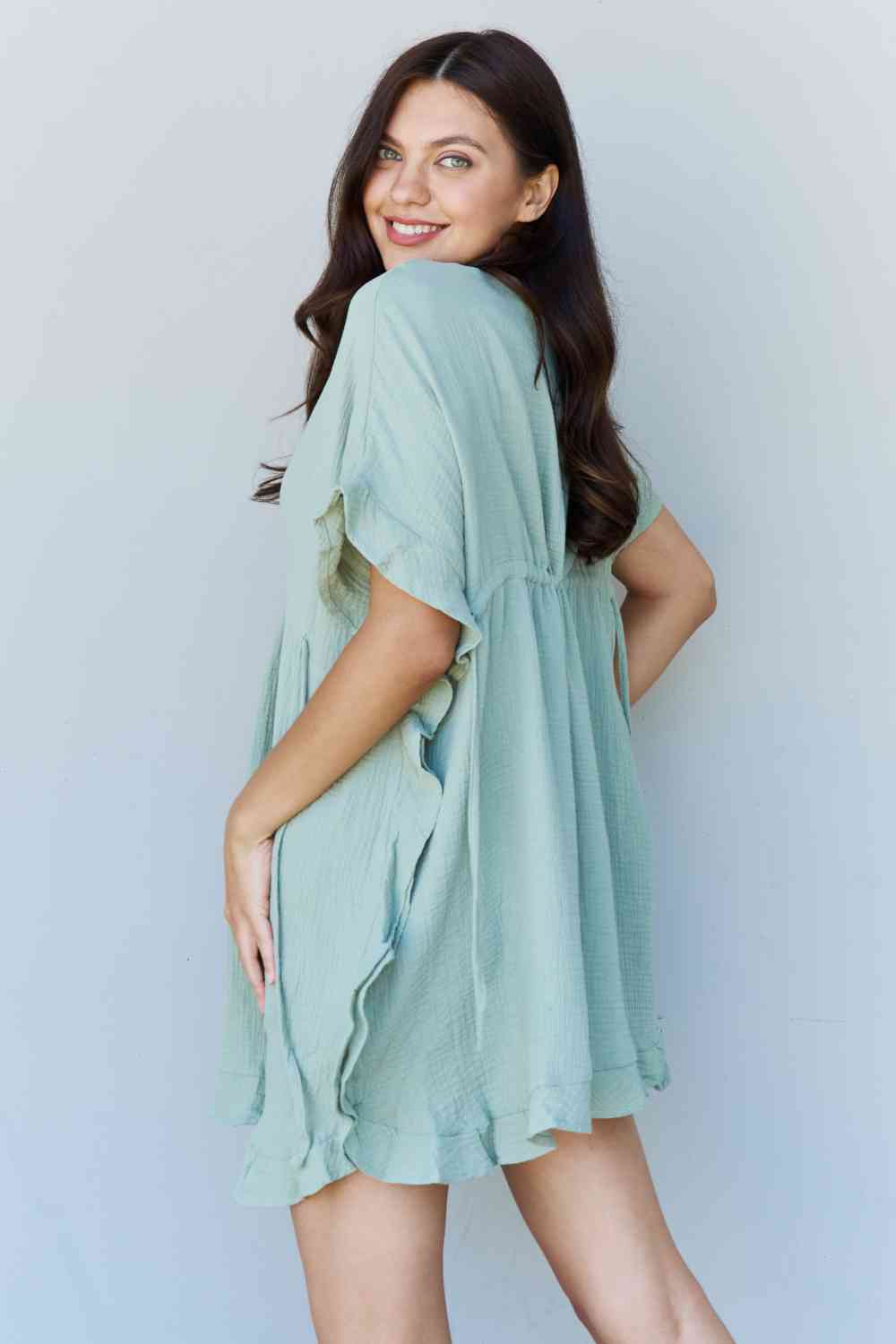 Ninexis Out Of Time Full Size Ruffle Hem Dress with Drawstring Waistband in Light Sage - Premium   - Just $27.95! Shop now at LACEDUPED