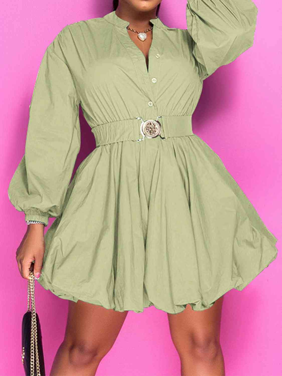 Notched Button Up Balloon Sleeves Dress - Premium   - Just $58.95! Shop now at LACEDUPED