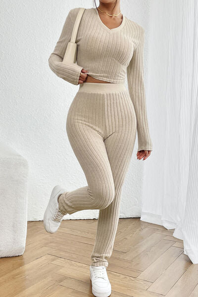 Ribbed V-Neck Long Sleeve Cropped Top and Pants Set - Premium   - Just $53.95! Shop now at LACEDUPED