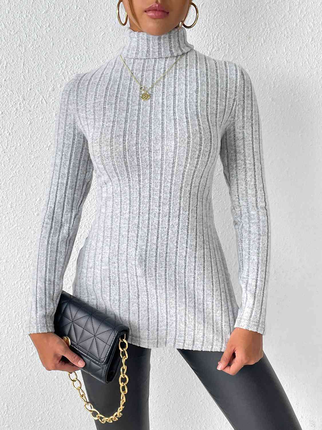 Ribbed Turtleneck Long Sleeve Slit T-Shirt - Premium   - Just $33.95! Shop now at LACEDUPED