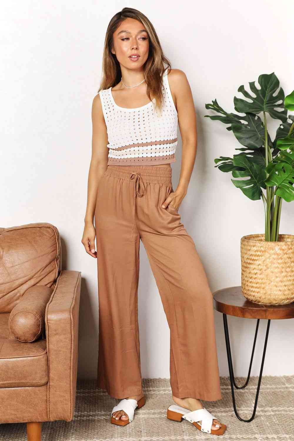 Double Take Drawstring Smocked Waist Wide Leg Pants - Premium   - Just $44.95! Shop now at LACEDUPED