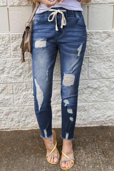 Drawstring Distressed Raw Hem Jeans with Pockets - Premium   - Just $72.95! Shop now at LACEDUPED