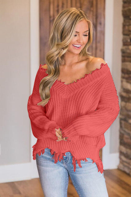 Frayed Hem Dropped Shoulder Sweater - Premium   - Just $43.95! Shop now at LACEDUPED