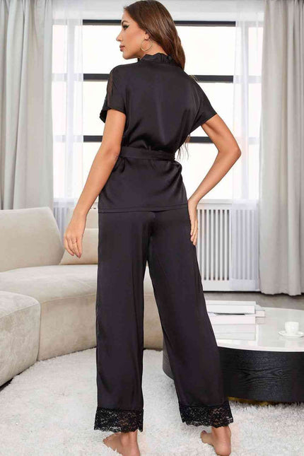 Surplice Neck Tie Waist Top and Pants Pajama Set - Premium   - Just $45.95! Shop now at LACEDUPED