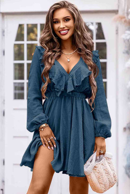 Ruffle Trim V-Neck Long Sleeve Mini Dress - Premium   - Just $67.95! Shop now at LACEDUPED