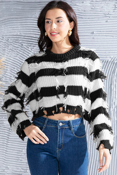 Striped Fringe Round Neck Sweater - Premium   - Just $48.95! Shop now at LACEDUPED