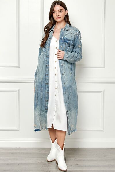 Veveret Full Size Distressed Raw Hem Pearl Detail Button Up Jacket - Premium   - Just $107.95! Shop now at LACEDUPED