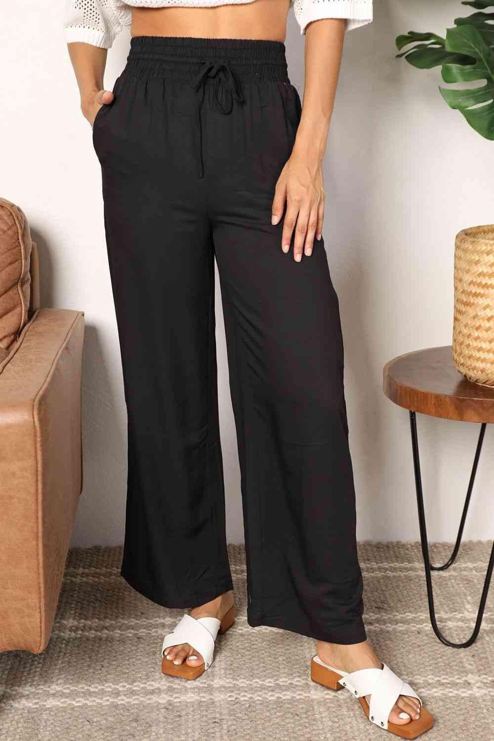 Double Take Drawstring Smocked Waist Wide Leg Pants - Premium   - Just $44.95! Shop now at LACEDUPED