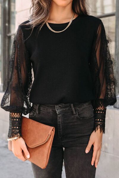 Lace Detail Mesh Lantern Sleeve Blouse - Premium   - Just $36.95! Shop now at LACEDUPED