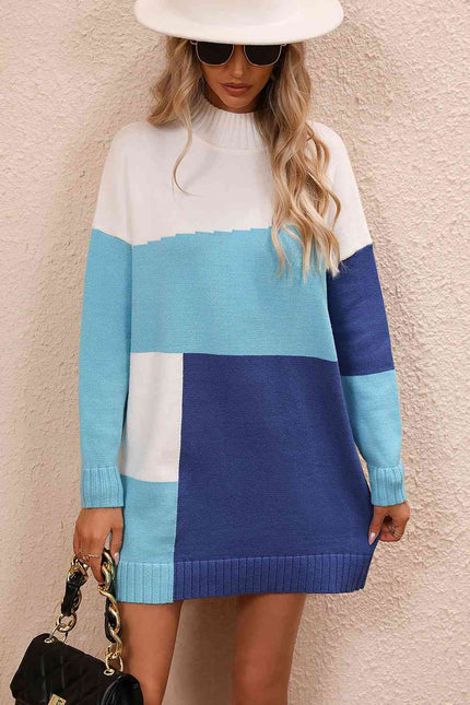 Color Block Mock Neck Dropped Shoulder Sweater Dress - Premium   - Just $48.76! Shop now at LACEDUPED