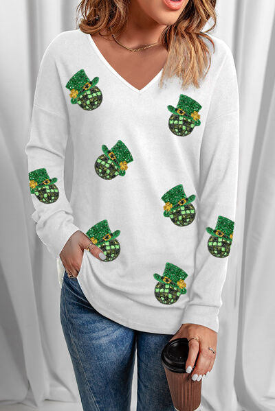 Sequin V-Neck Long Sleeve T-Shirt - Premium   - Just $47.95! Shop now at LACEDUPED