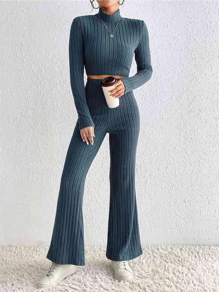 Ribbed Mock Neck Cropped Sweater & High Waist Pants Set - Premium   - Just $43.95! Shop now at LACEDUPED