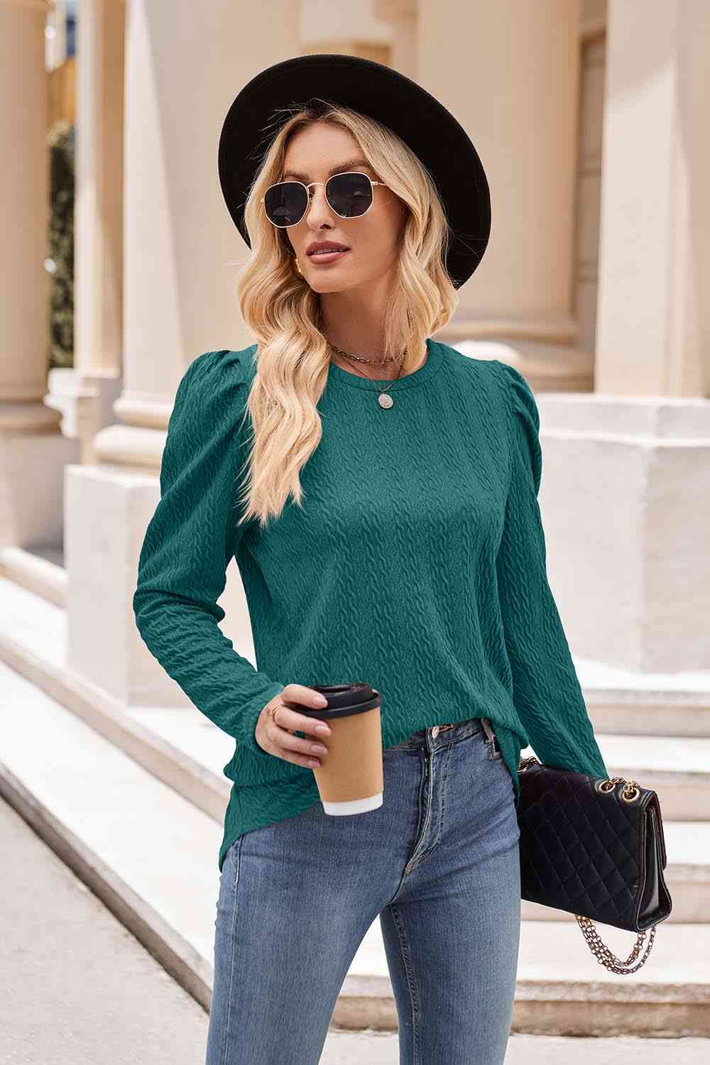 Round Neck Puff Sleeve Blouse - Premium   - Just $33.95! Shop now at LACEDUPED