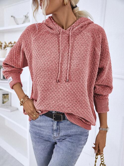 Texture Drawstring Long Sleeve Hooded Sweater - Premium   - Just $51.95! Shop now at LACEDUPED