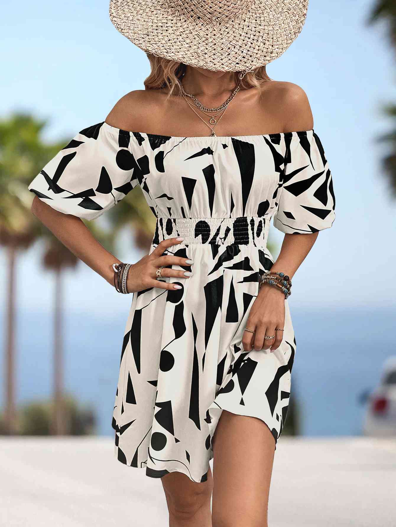 Printed Off-Shoulder Smocked Waist Dress - Premium   - Just $38.95! Shop now at LACEDUPED