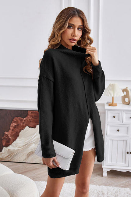 Exposed Seam Mock Neck Slit Sweater - Premium   - Just $58.95! Shop now at LACEDUPED