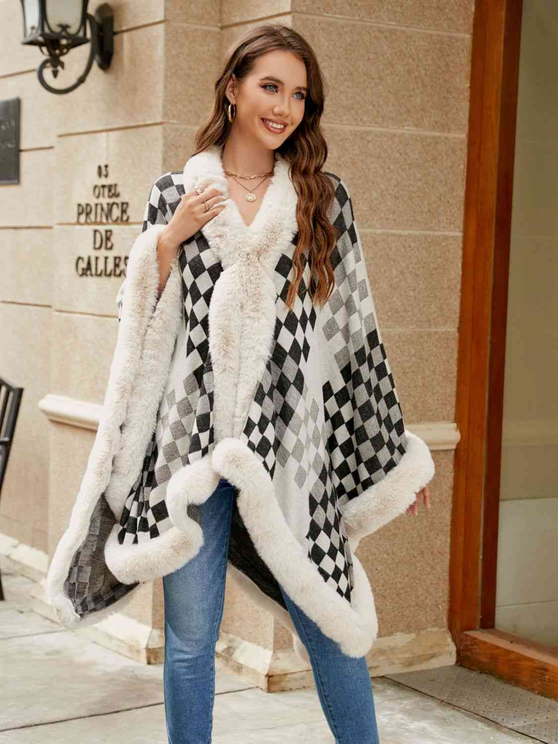 Checkered Faux Fur Trim Poncho - Premium   - Just $69.95! Shop now at LACEDUPED