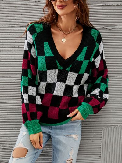 Checkered V-Neck Lantern Sleeve Sweater - Premium   - Just $49.95! Shop now at LACEDUPED