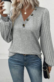 Decorative Button V-Neck Lantern Sleeve Blouse - Premium   - Just $32.95! Shop now at LACEDUPED