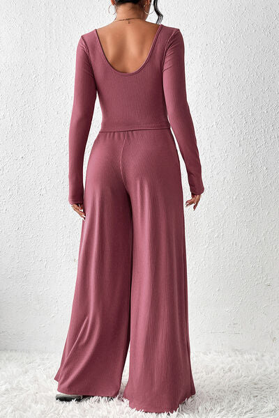 Ribbed Round Neck Top and Wide-Leg Pants Set - Premium   - Just $79.95! Shop now at LACEDUPED