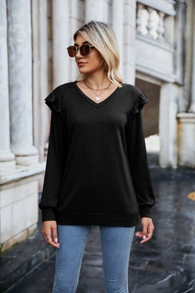 Ruffled Heathered V-Neck Long Sleeve T-Shirt - Premium   - Just $35.95! Shop now at LACEDUPED